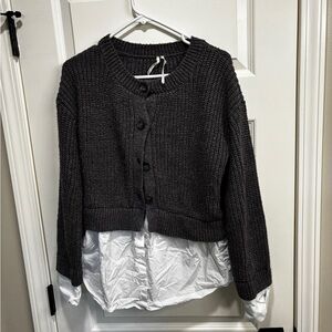 Anthropologie Chunky Knit Black Cardigan with White Layered Detail